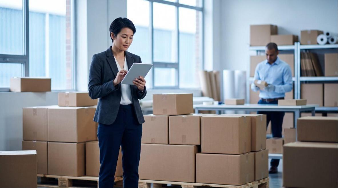 Professional reviewing products and shipping boxes in a modern warehouse, representing Yildora Ltd's ecommerce sourcing and operations